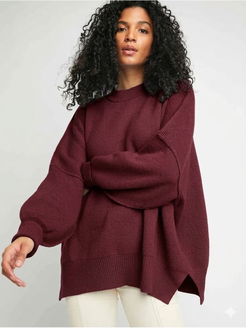 Free People Easy Street Tunic Ribbed Tunic Sweater in Burgundy XL
